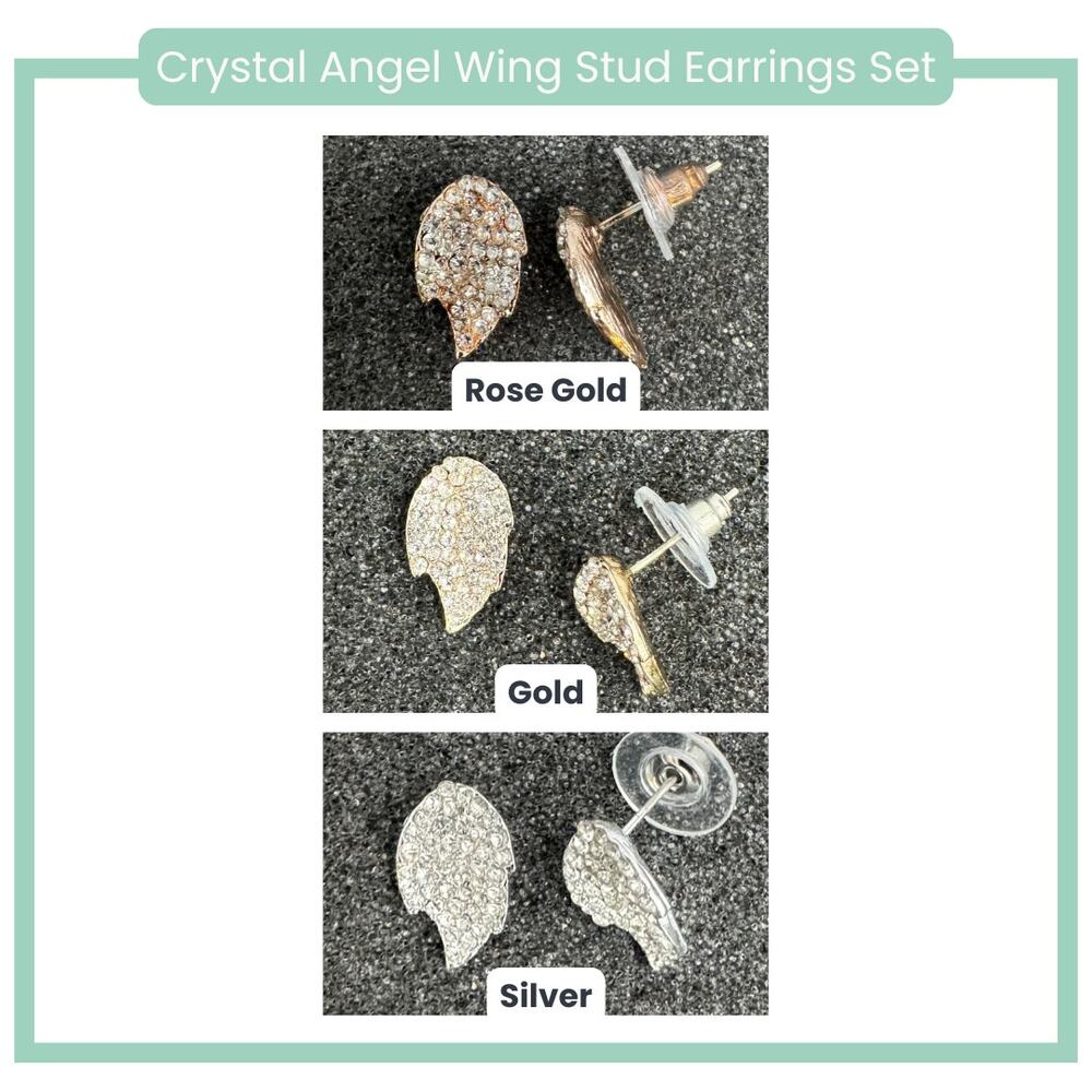 Crystal Angel Wing Stud Earrings – Set of 3 (Gold, Rose Gold & Silver)
